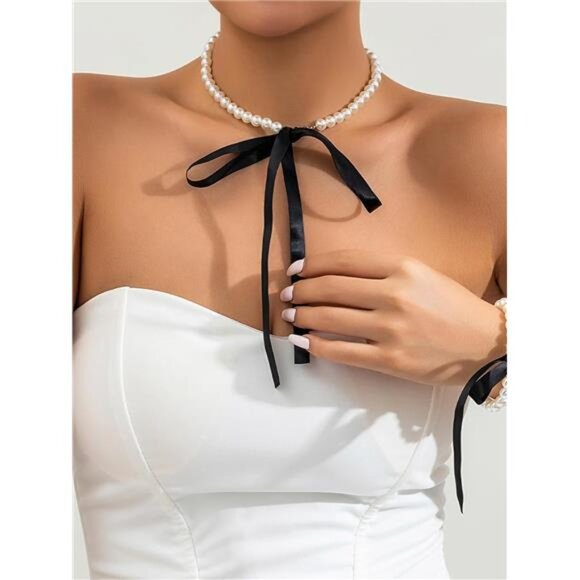 Style Ribbon Bow Pearl Necklace – Vintage Modern Luxury Choker - Picture 2 of 5